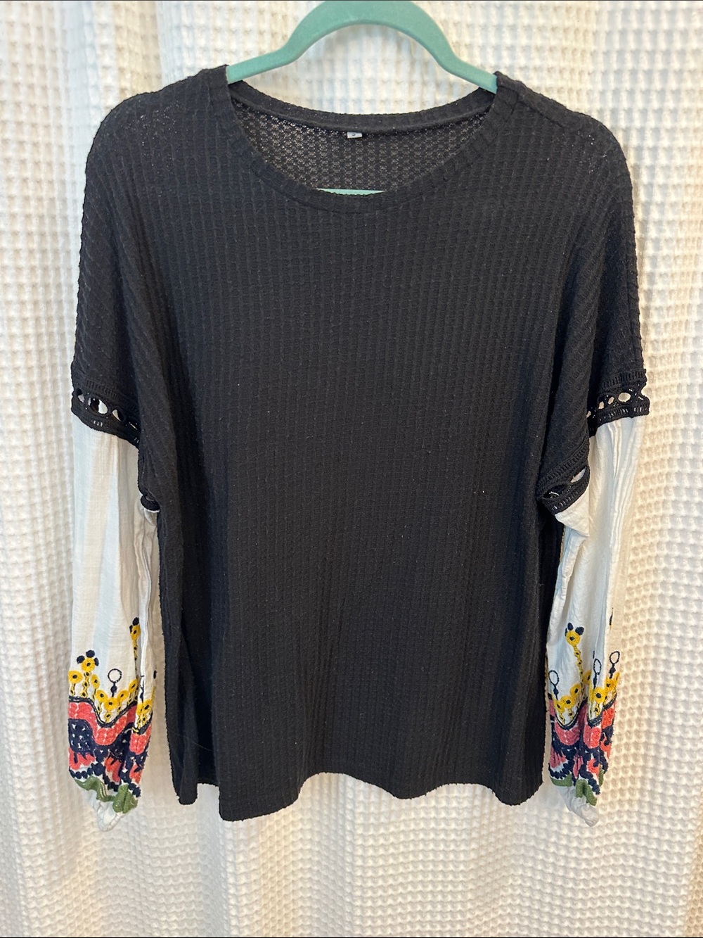 Women’s Black Mixed-Sleeve Top with Floral Embroidery